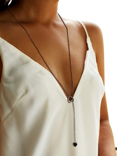 FOCALOOK Heart Lariat Necklaces for Women, Long Slip Chain Necklace | Hypoallergenic 316L Stainless Steel Silver/Black/Gold Plated, Front Slider Closure, Non Tarnish, Layered look, Everyday Wear - color: 01:Black Heart