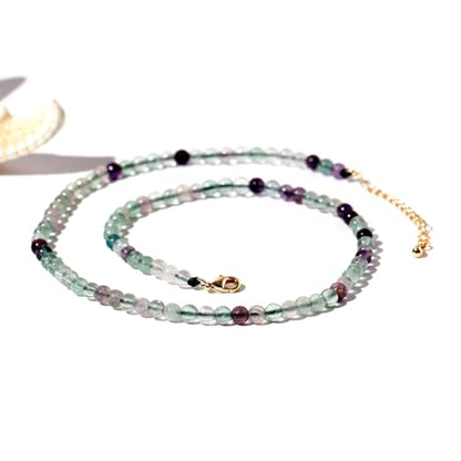 Simple 4mm Gemstones and Crystals Choker Necklace Unisex 16"-18" | Necklaces for Women Men, Adjustable, 40-45 cm Chain Length, Handmade, Spiritual Gemstones, Positive Energy, Daily Wear - style: Fluorite