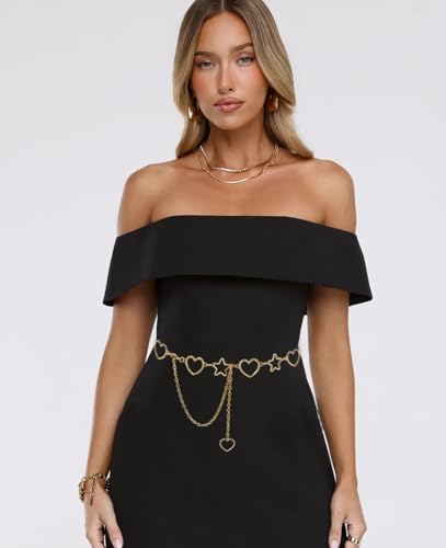 Waist Chain Belts Women Girls Metal Belly Link | Adjustable Waist Belt for Jeans and Dress - color: Gold Heart, size: S: 41.3 in