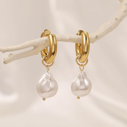 Pearl Earrings for Women 14K Gold Freshwater Pearl Hoop Earring Dangle Drop Wedding Earrings Bridal Bridesmaid Jewelry Gifts for Women - color: Gold man-made Pearl Drop Hoops