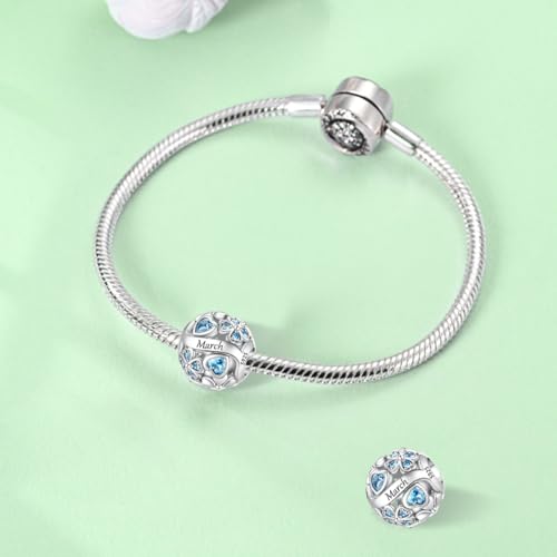 925 Sterling Silver Lucky Clover Birthstone Charms for Bracelets Dangle Pendant with 5A Cubic Zirconia Compatible Pandora Bracelets, Ladies Birthday Gift - style: 3-March