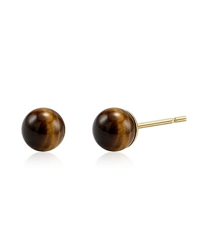 Tiger Eye Stone Stud Earrings Brown Ball Earrings 14K Gold Plated 6mm Round Gemstone Earrings for Women Tiger Eye Jewelry for Gift