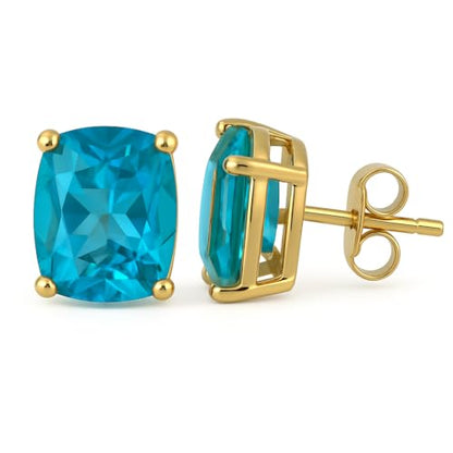 Women's 18K Gold Plated 8x10mm Princess Cut Gemstone Stud Earrings – Birthstone Jewelry for Her – Classic Cushion Studs - color: Swiss Blue Topaz
