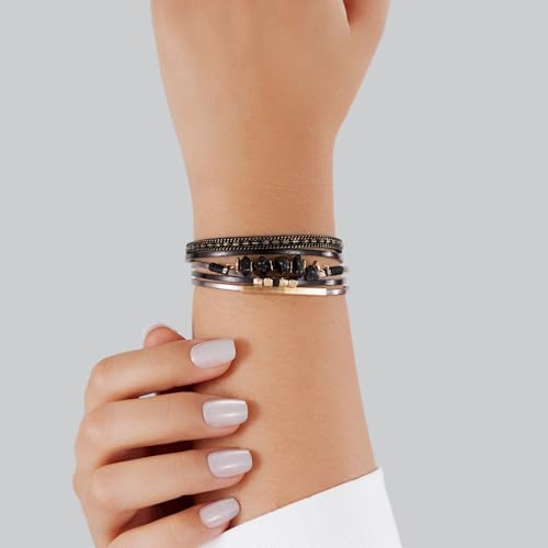 Boho Gemstone Beaded Leather Wrap Bracelets Stackable Chunky Cuff Bracelet Western Jewelry Cowboy Chic Country Concert Outfits for Women - color: Black