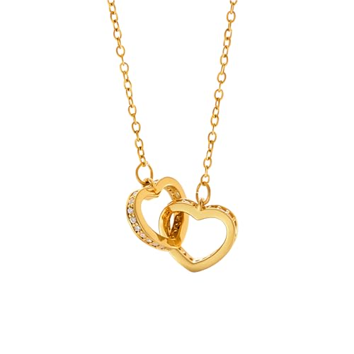 Titanium Steel Interlocking Double Heart Pendant Necklace for Women, 1 Piece 17"+2" Adjustable Hypoallergenic Dainty Rolo Chain, Minimalist Cubic Zirconia Love Choker Necklace - color: Gold