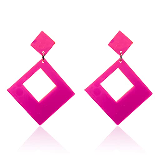 Lightweight Unique 80s Retro Acrylic Dangle Earrings Geometric square Neon Drop Dangle Earrings for Women Girls Party Costume Accessory