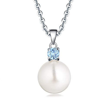 925 Sterling Silver Freshwater Cultured Pearl Pendant Necklace JO WISDOM Jewelry for Women,Girls - color: 10mm,March,aquamarine Color