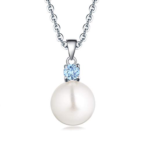 925 Sterling Silver Freshwater Cultured Pearl Pendant Necklace JO WISDOM Jewelry for Women,Girls - color: 10mm,March,aquamarine Color