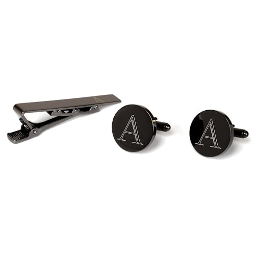 Mens Initial Cufflinks and Tie Clip A-Z Alphabet Letter Black Stainless Cuff Links Tie Bar with Engraved Walnut Wood Box Groom Groomsman Wedding Set - style: Classic-A