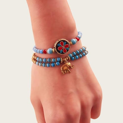 Petite Adjustable Boho Bracelet for Small Wrists 6-7.5 Inch - Handmade Nepalese Buddhist Prayer Bracelet with Elephant Charm, Brass Bell, Turquoise Stone & Tibetan Mantra Beads, Spiritual Lucky Gift - color: Blue-2Pcs