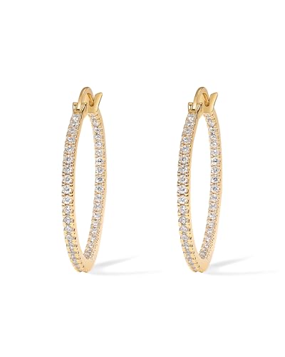 PAVOI 14K Gold Plated 925 Sterling Silver Post Cubic Zirconia Hoop Earrings | 925 Sterling Silver Posts, Cubic Zirconia Hoop Earrings for Women, Rhinestone Hoop Earrings, Sparkly Hoops - color: Yellow Gold, size: 30 Millimeters