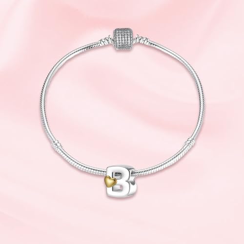 A~Z Alphabet Charm Letter Beads 925 Sterling Silver with Heart-shaped 5A Cubic Zircon Stones fits Pandora European Bracelets Necklace Jewelry Gift for Women - style: B Letter Charms
