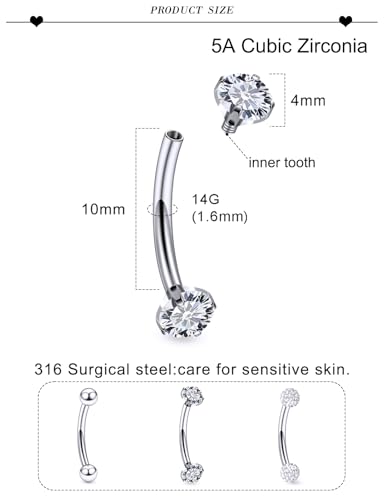 18G 16G 14G Eyebrow Ring Piercing Jewelry Surgical Steel Internal Thread Vertical Labret Lip Ring Rook Daith Earrings Belly Button Ring Piercing Jewelry for Women Men CZ Silver Black Gold - color: Silver, size: 14G, 10mm Length