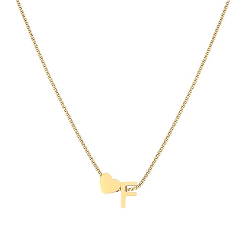 18K Real Gold Plated Heart Initial Necklace for Women-Personalized A-Z Letter Pendant on Durable Stainless Steel Box Chain (16+2.5 inch Adjustable) Hypoallergenic Everyday Jewelry Gift Boxed for Mom Wife - style: Gold:F