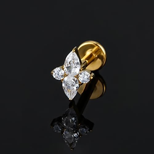 FINE4U 1PC ASTM F136 Titanium 16G Flatback Stud for Tragus, Helix, Conch 6mm 8mm - Screw on Cartilage Earring Piercing Jewelry - color: Four-Pointed Star B - Gold