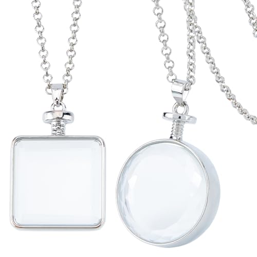 SUPERFINDINGS 2Pcs 2 Styles Photo Locket Necklace Memory DIY Square Charm Necklaces Glass Cabochons Photo Frame Locket Pendants for DIY Wedding Bouquet Jewelry Making