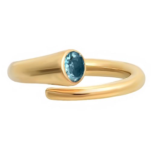 18K Gold Filled Non-Tarnish Bypass Ring for Women – Modern Open Band With Multi Gemstone Ring – Minimalist Adjustable Statement Jewelry - color: London Blue Topaz