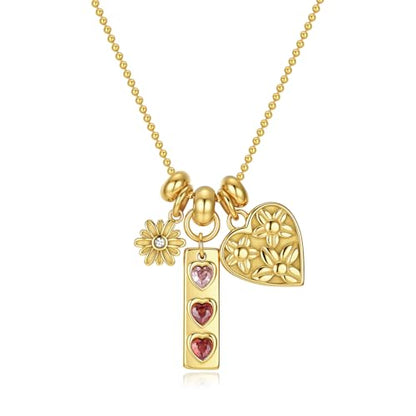 NUZON Multi-Charm Necklace for Women, 18K Gold Plated Stainless Steel Lucky Clover & Daisy Heart Pendant Necklace, NON Tarnish Sliding Charm Necklace Layering Jewelry, Meaningful Gift for Her 18’’ - color: Daisy Heart