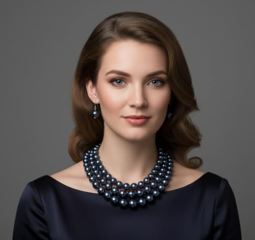 Simulated Pearl Necklace & Earring Set, Multi Strand - color: Dark Gray
