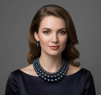 Simulated Pearl Necklace & Earring Set, Multi Strand - color: Dark Gray