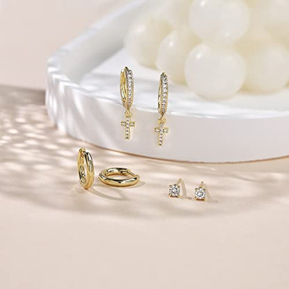 Freekiss 3 Pairs Hoop Earrings Set - Dainty Stud Dangle Cartilage for Women | Hypoallergenic Earrings, Cubic Zirconia Stackable Trendy Small Set Jewelry Gifts for Women - style: Cross Set-gd