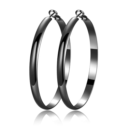 EXGOX 5mm Wide Gold Hoop Earrings for Women,Sterling Silver Hoop Earrings Large Silver Hoop Earrings Hypoallergenic Lightweight 14K Real Gold Plated Big Hoop Earrings for Women 30/40/50/60/70mm - color: Black Hoop-70mm