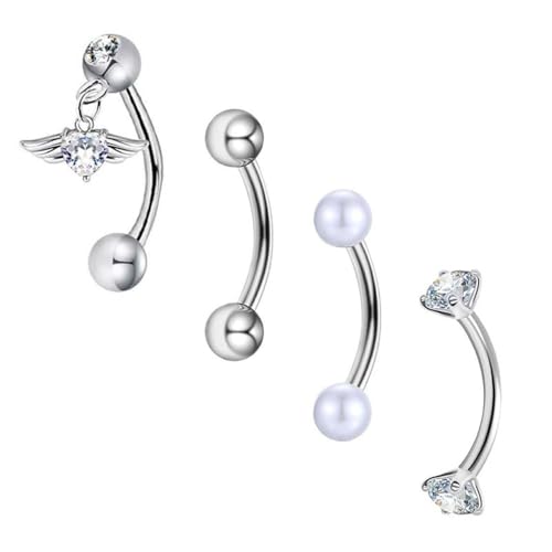 4Pcs 16G Stainless Steel Eyebrow Ring for Women Rhinestone Heart Star Wing Cross Pearl Curved Barbell Tiny Eyebrow Ring Rook Cartilage Piercing Jewelry - style: Wing