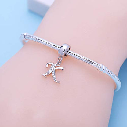 925 Sterling Silver Charms Alphabet Beads fit Pandora Charm Bracelets A-Z Letter Initial Spacer Dangle Clear CZ Stone Authentic for Snake Chain Bracelets - color: K