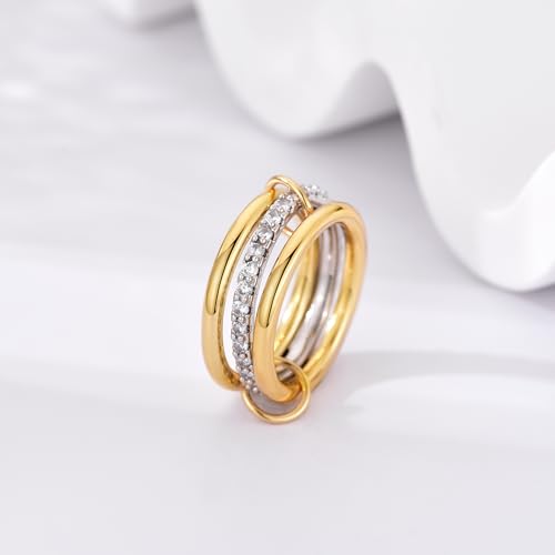 14K Gold Plated Interlocked Stackable Rings for Women Non Tarnish,Gold and Silver Cubic Zirconia Statement Rings Set,Mixed Metals Ring Two-Toned Connected Bands Stacking Jewelry - color: 3pcs rings-gold & silver