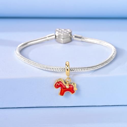 Hapour 925 Sterling Silver Charm for Bracelet Necklace Women Pendant Beads | Virgin Mary Charm, Religious Cross Heart Dragon European Jewelry Mom Charm - color: Golden Red Pony