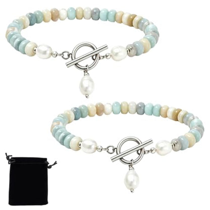 Elova Turquoise Bead Pearl Bracelet, Dainty Handmade Beaded Jewelry | Dainty, Colorful Stackable, Boho Summer Beach, Toggle Clasp, Gift for Women - color: 2pc#Silver
