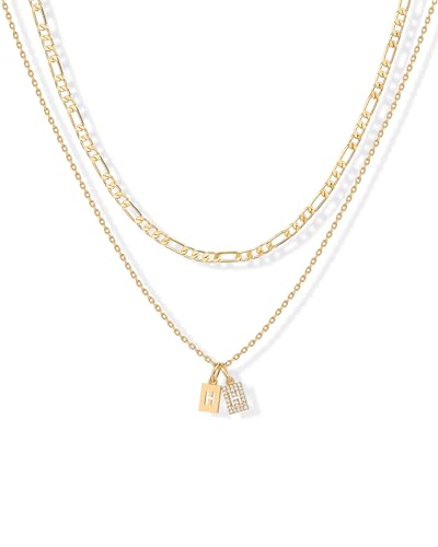 PAVOI Initial Necklace for Women, 14K Gold Plated Double Dog Tag CZ Pendant | Dainty Necklace, Letter Tag Necklace, Cubic Zirconia Pendant, Box Chain Necklace - style: - H