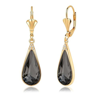Teardrop Austrian Crystal Leverback Dangle Drop Earrings for Women | 14K Gold Plated,Classic Teardrop Elegance,Leverback for Easy Secure Wear,Gift Box Included, Brighten Up Daily and Party Looks - color: Black