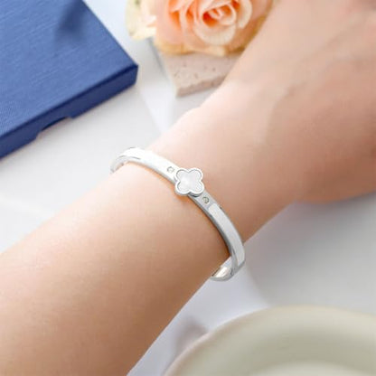Clover Bracelets for Women Gold and Silver Chunky Oval Clover Bangle | 18k Gold Plated Stainless Steel,Precision Polished Non Tarnish,Black/White/Red/Pink/Orange Clover Bracelet Gifts for Women - color: Silver White Bangle