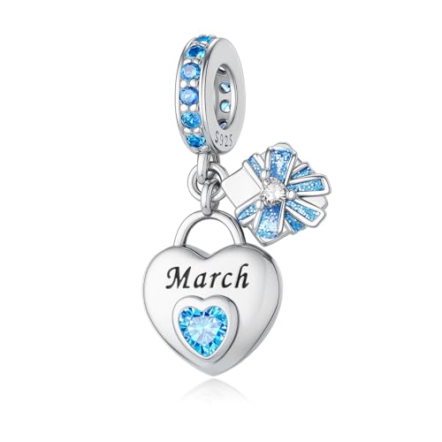 925 Sterling Silver Birthstone Bracelet Charm - Unique Heart Shaped Design, Fits most Europe Pandora Bracelets and Necklaces, women's DIY holiday Gifts - style: C-March