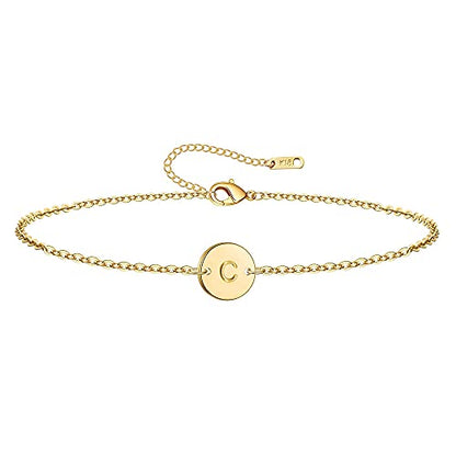 Ovian Initial Charm Bracelet for Women 18K Gold Plated stainless steel Coin Disc Engraved Letter Bracelet Personalized Monogram Name Bracelet - color: C