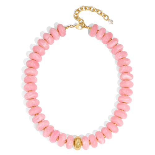 Beaded necklace for Women Boho Bead Gemstone Chunky Necklace Big Bead Necklace Fashion Trendy Summer Necklaces Jewelry Gifts - color: Pink&GD Beaded