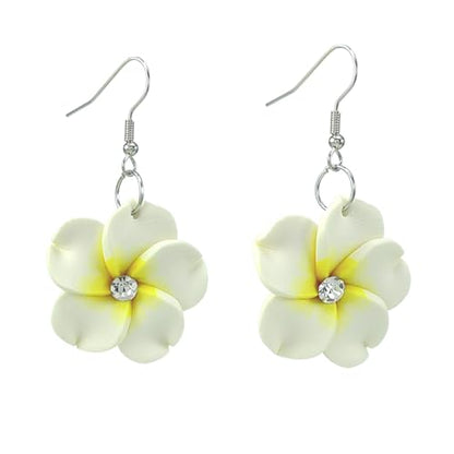 Floral Dangle Earrings for Women Hawaiian Tropical Plumeria Rubra Flower Drop Earrings with Cubic Zirconia Luau Beach Party Vacation Hawaiian Accessories Jewelry Gift - color: White