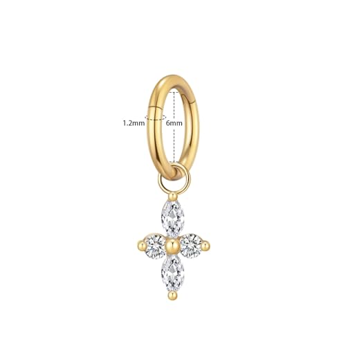 Ourania 16G Gold Stainless Steel Zircon Dangle Huggie Hoop Rook Piercing Helix Hoop Earring Tragus Hoop Cartilage Piercing for Women - color: Flower Gold 2PCS, size: 1.2*6mm 2pcs