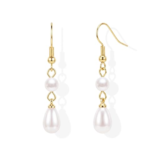 Pearl Earrings for Women 14k Gold/Silver Pearl Drop Earrings Long White Pearl Tassel Dangle Statement Earrings Bridal Wedding Dainty Prom Earrings Birthday Gifts Jewelry - color: Gold Double Pearl Drop Earrings
