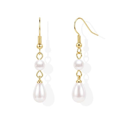 Pearl Earrings for Women 14k Gold/Silver Pearl Drop Earrings Long White Pearl Tassel Dangle Statement Earrings Bridal Wedding Dainty Prom Earrings Birthday Gifts Jewelry - color: Gold Double Pearl Drop Earrings
