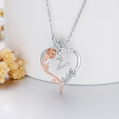 TOUPOP Gifts for Women Her 925 Sterling Silver Rose Heart Initial Necklace Butterfly Heart Jewelry Anniversary Birthday Gifts for Wife Girlfriend Mom - color: V Initial