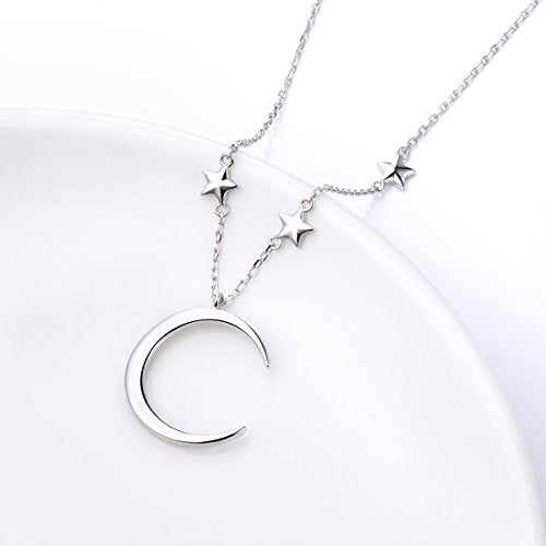 Ladytree 925 Sterling Silver Jewelry Crescent Moon and Star Pendant Necklace - style: Three Stars