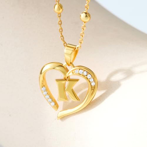 Cicy Bell Womens Heart Initial Necklace 18k Gold Plated | Personalized Letter Pendant, 17.7'' with 2'' Extender - color: Style 2-K-Gold