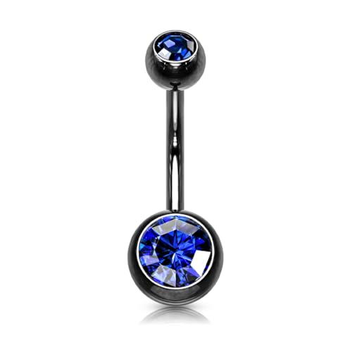 Belly Button Piercing Ring 14 Gauge Surgical Steel - color: BLACK DARK BLUE GEMS