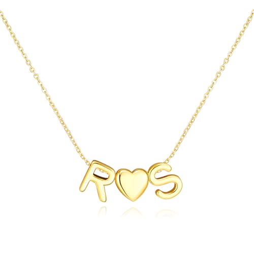 adoyi Initial Necklaces for Women 14k Gold Plated Layered bubble Letter Necklace Dainty Heart A-Z Pendant Necklace Initial Necklaces Stack Birthday Gifts for Women Jewelry - color: Gold-Heart, style: R+S