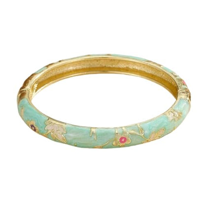 Cloisonne Bracelet For Women, Chunky Bangle Trendy Cute Flower Enamel Bangles Multi Tone Engraved Cuff Gold Plated Bracelets Stackable Wife Jewelry Friendship Gift - color: Light Blue