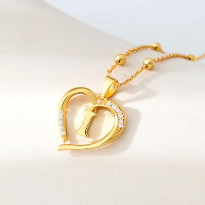 Cicy Bell Womens Heart Initial Necklace 18k Gold Plated | Personalized Letter Pendant, 17.7'' with 2'' Extender - color: Style 2-I-Gold