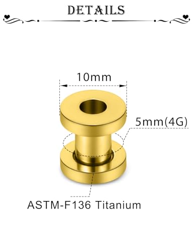 Astm F136 Titanium Ear Gauges Screw Fit Flesh Tunnels Plugs Gauges Earring Expander Stretcher Ear Tunnels For Ears 10G 8G 6G 4G 2G 0G 00G Plug Earrings Body Piercing Jewelry For Women Men - color: 4G Tunnels, Gold