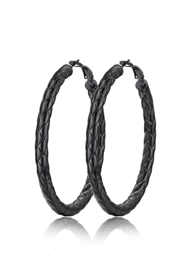 FindChic Chunky Hoop Earrings for Women, Silver/Black/14K Gold Plated Crossover Patterned Hollow Tube Rounded Loop Earrings, 30mm/40mm/60mm/80mm Hoops with Custom Name Options and Gift Box - color: a.Black, size: 60MM